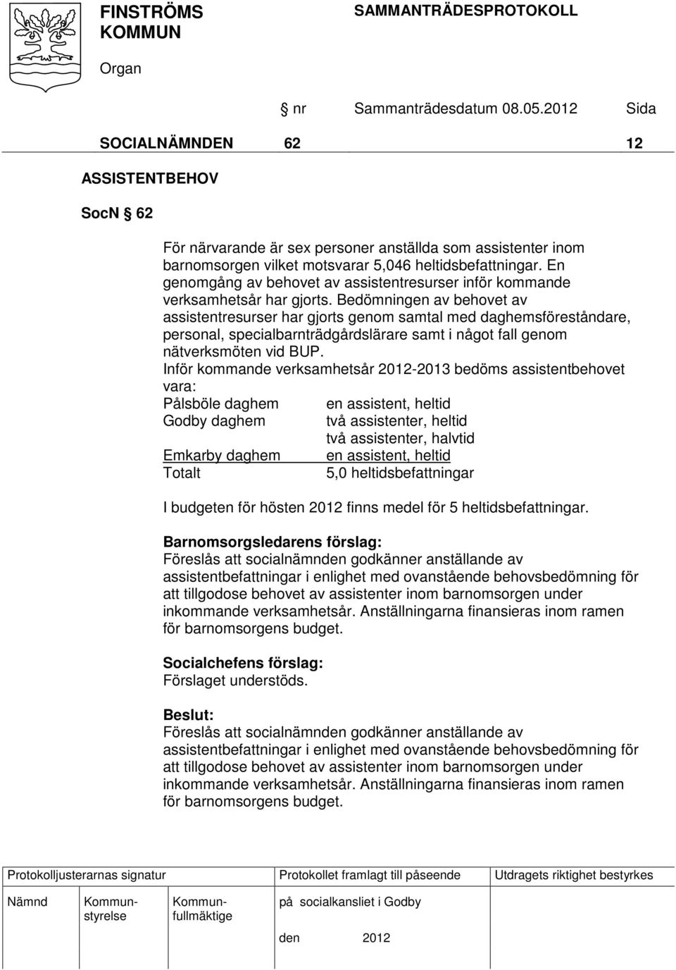 Bedömningen av behovet av assistentresurser har gjorts genom samtal med daghemsföreståndare, personal, specialbarnträdgårdslärare samt i något fall genom nätverksmöten vid BUP.