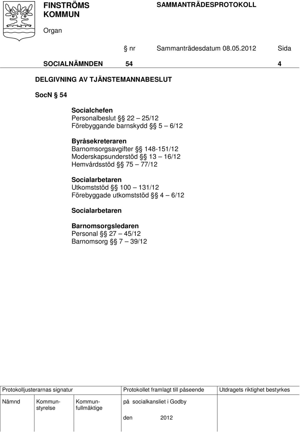 Moderskapsunderstöd 13 16/12 Hemvårdsstöd 75 77/12 Socialarbetaren Utkomststöd 100 131/12