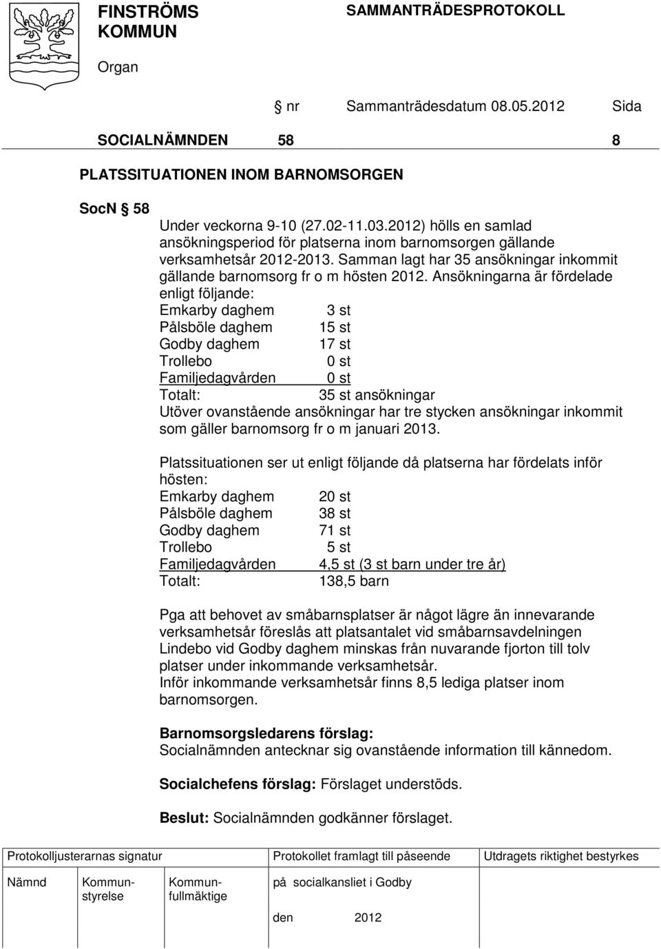 Ansökningarna är fördelade enligt följande: Emkarby daghem 3 st Pålsböle daghem 15 st Godby daghem 17 st Trollebo 0 st Familjedagvården 0 st Totalt: 35 st ansökningar Utöver ovanstående ansökningar