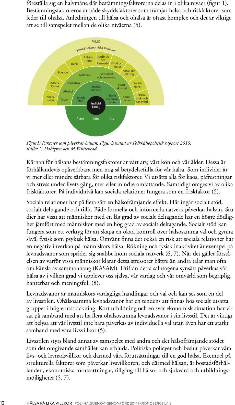 Figur hämtad ur Folkhälsopolitisk rapport. Källa: G.Dahlgren och M.Whitehead. Kärnan för hälsans bestämningsfaktorer är vårt arv, vårt kön och vår ålder.