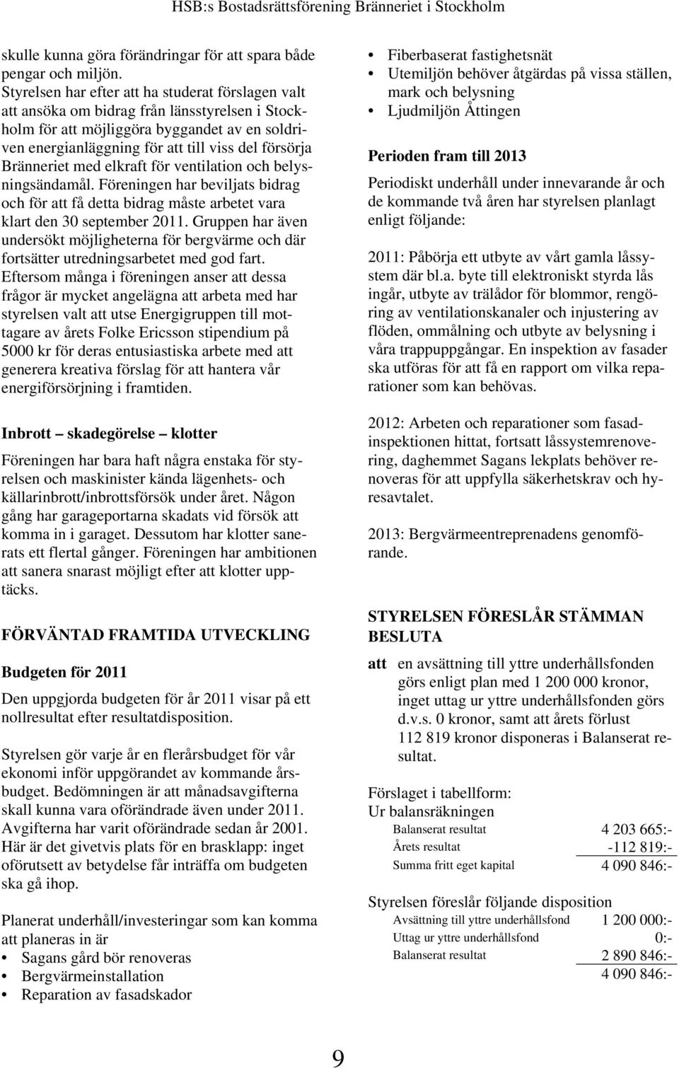 Bränneriet med elkraft för ventilation och belysningsändamål. Föreningen har beviljats bidrag och för att få detta bidrag måste arbetet vara klart den 30 september 2011.