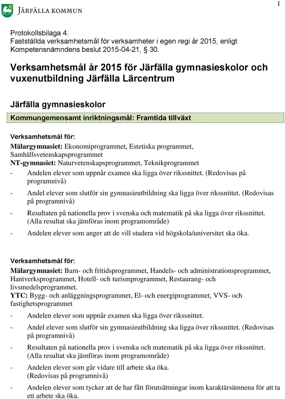 Mälargymnasiet: Ekonomiprogrammet, Estetiska programmet, Samhällsvetenskapsprogrammet NT-gymnasiet: Naturvetenskapsprogrammet, Teknikprogrammet - Andelen elever som uppnår examen ska ligga över