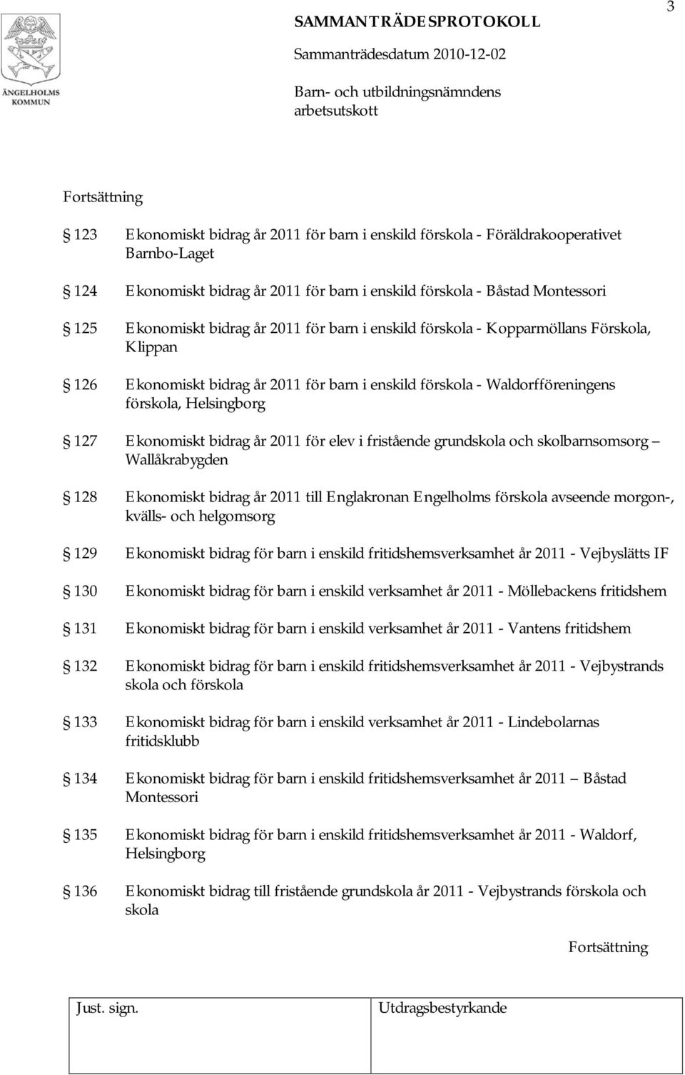 för elev i fristående grundskola och skolbarnsomsorg Wallåkrabygden 128 Ekonomiskt bidrag år 2011 till Englakronan Engelholms förskola avseende morgon-, kvälls- och helgomsorg 129 Ekonomiskt bidrag