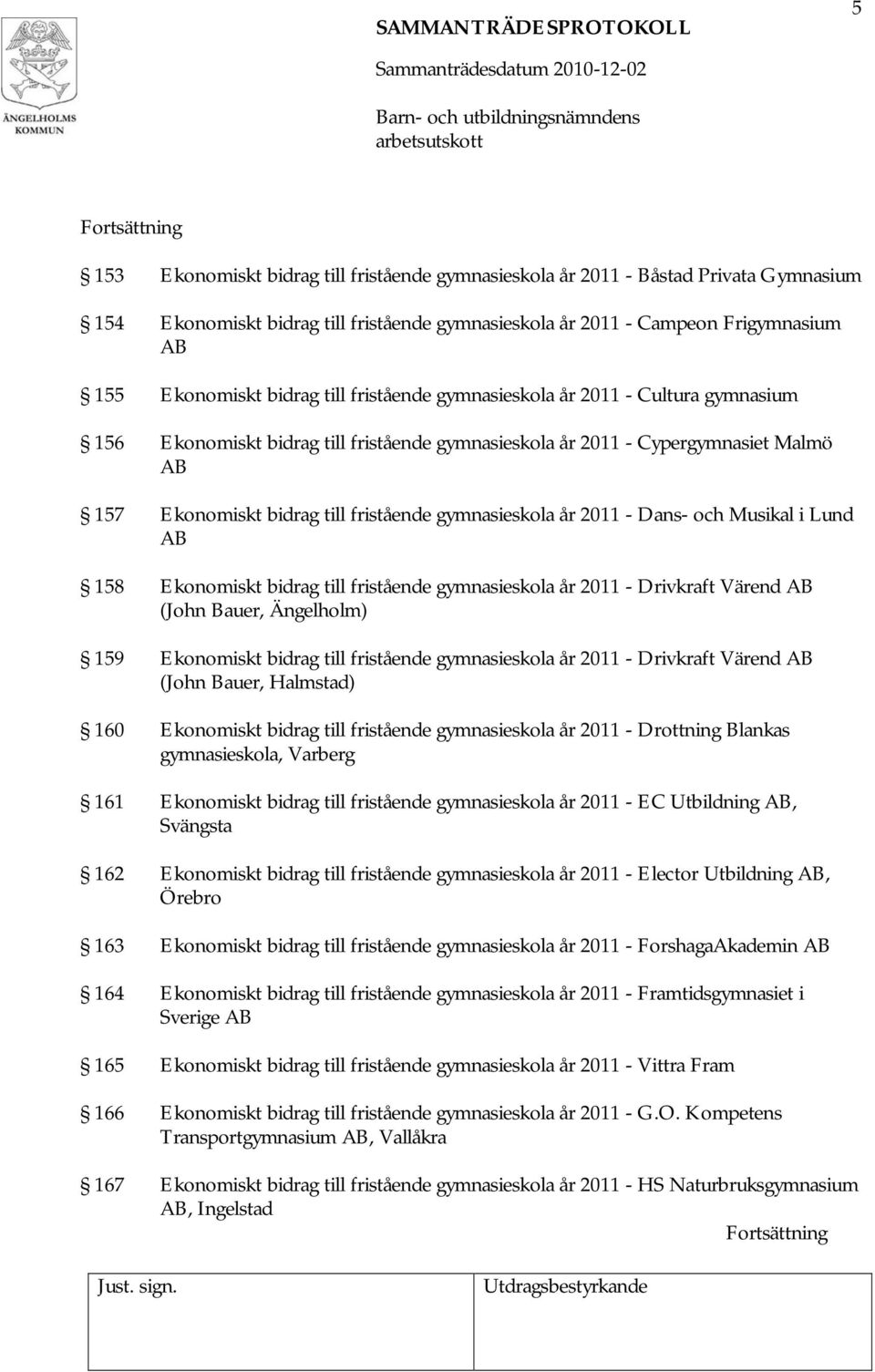 2011 - Dans- och Musikal i Lund AB 158 Ekonomiskt bidrag till fristående gymnasieskola år 2011 - Drivkraft Värend AB (John Bauer, Ängelholm) 159 Ekonomiskt bidrag till fristående gymnasieskola år