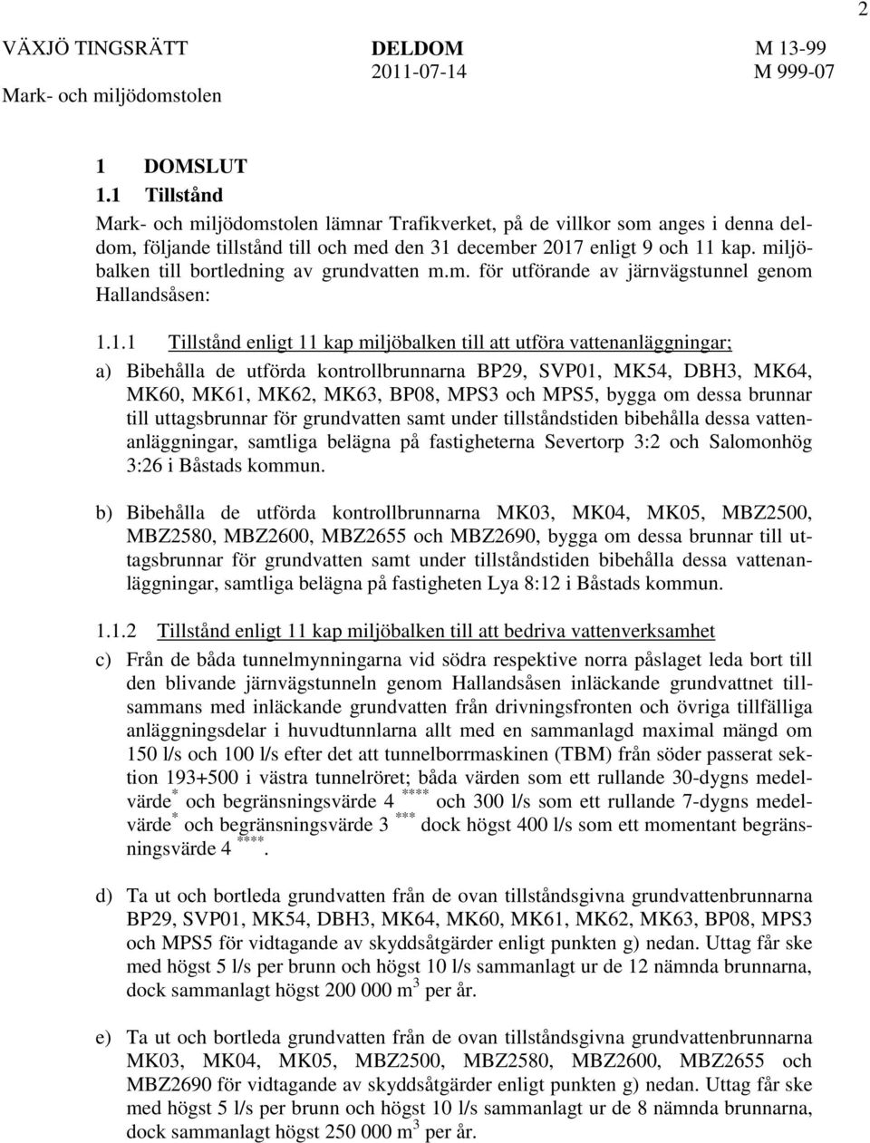 1.1 Tillstånd enligt 11 kap miljöbalken till att utföra vattenanläggningar; a) Bibehålla de utförda kontrollbrunnarna BP29, SVP01, MK54, DBH3, MK64, MK60, MK61, MK62, MK63, BP08, MPS3 och MPS5, bygga