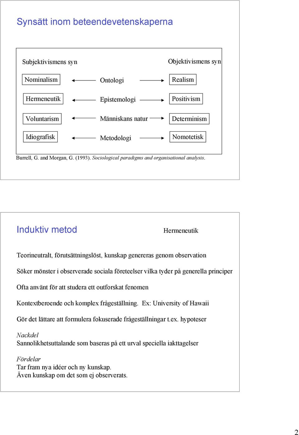 Induktiv metod Hermeneutik Teorineutralt, förutsättningslöst, kunskap genereras genom observation Söker mönster i observerade sociala företeelser vilka tyder på generella principer Ofta använt för