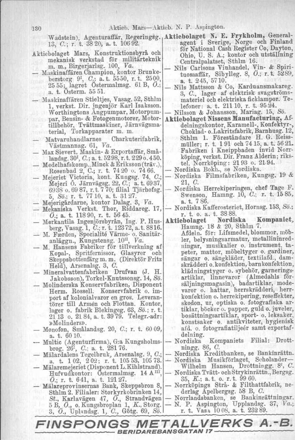 , ~ltgerjarlsg.. 100, Va. _ Nils Carlsons Vinhandel, Vin & Spiri Maskmaffare~ Champion, k?ntor Brunke tnosaaffär, Sibylleg. 8, Ö.; r. t. 5l!89, berst~rg 9, C.: a. t. 55DO,r. t. 25QO: a. t. 245, 5710.