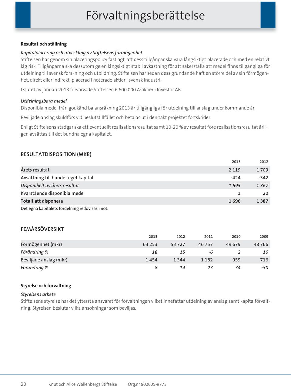 Tillgångarna ska dessutom ge en långsiktigt stabil avkastning för att säkerställa att medel finns tillgängliga för utdelning till svensk forskning och utbildning.