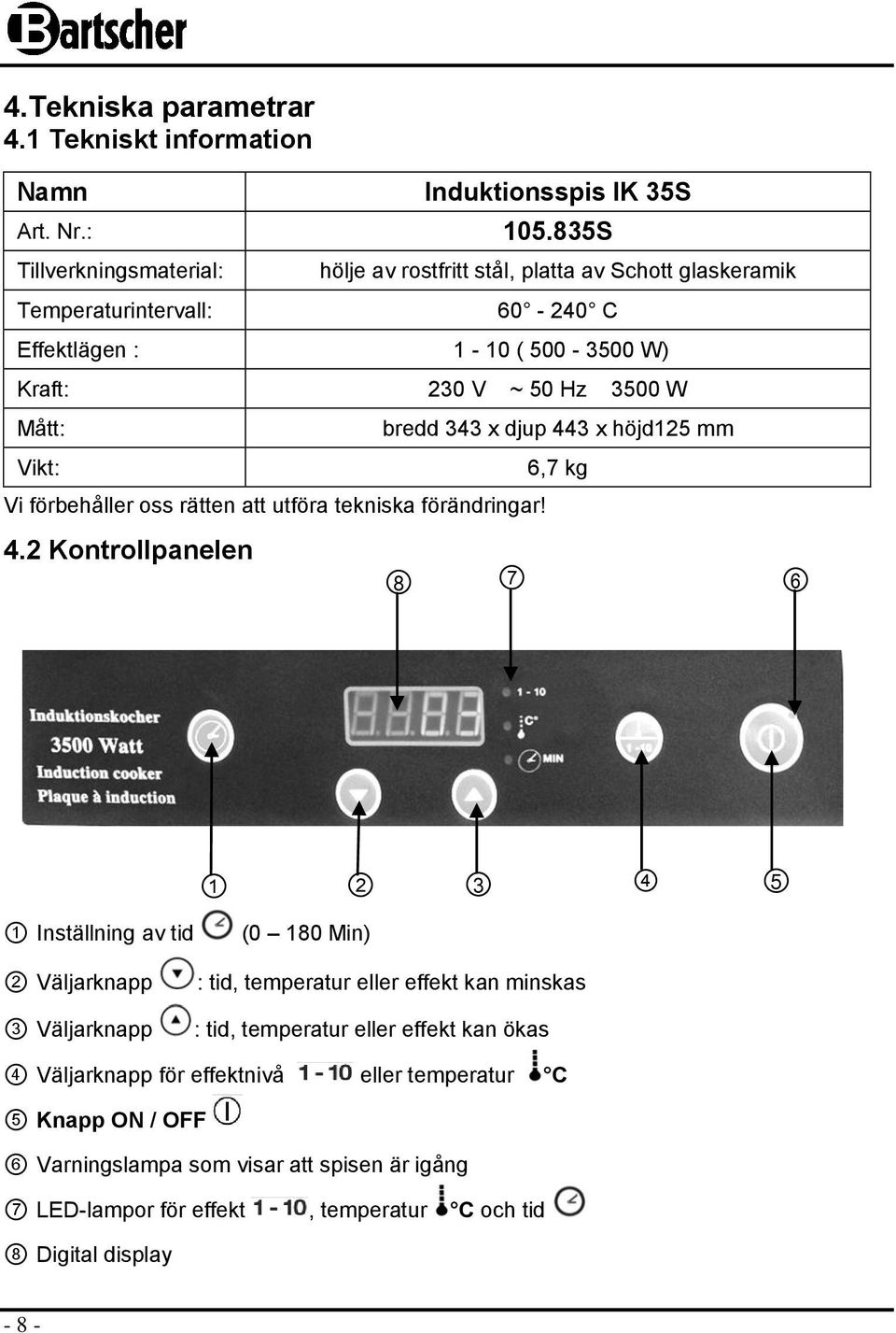 Vikt: Vi förbehåller oss rätten att utföra tekniska förändringar! 4.