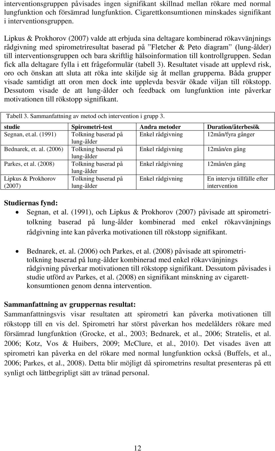 bara skriftlig hälsoinformation till kontrollgruppen. Sedan fick alla deltagare fylla i ett frågeformulär (tabell 3).