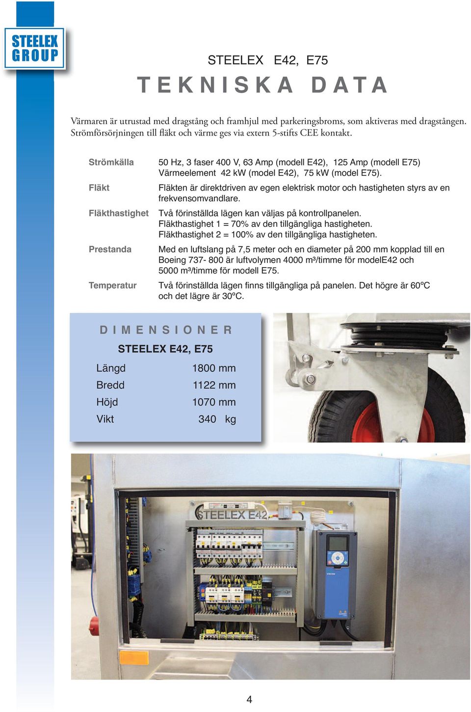 Strömkälla 50 Hz, 3 faser 400 V, 63 Amp (modell E42), 125 Amp (modell E75) Värmeelement 42 kw (model E42), 75 kw (model E75).