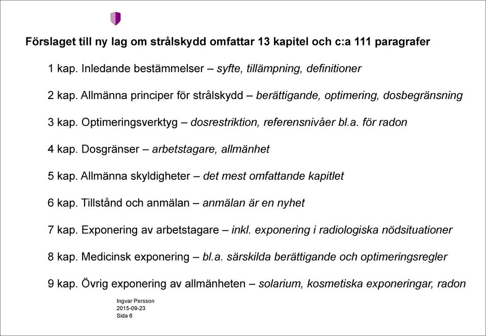 Dosgränser arbetstagare, allmänhet 5 kap. Allmänna skyldigheter det mest omfattande kapitlet 6 kap. Tillstånd och anmälan anmälan är en nyhet 7 kap.