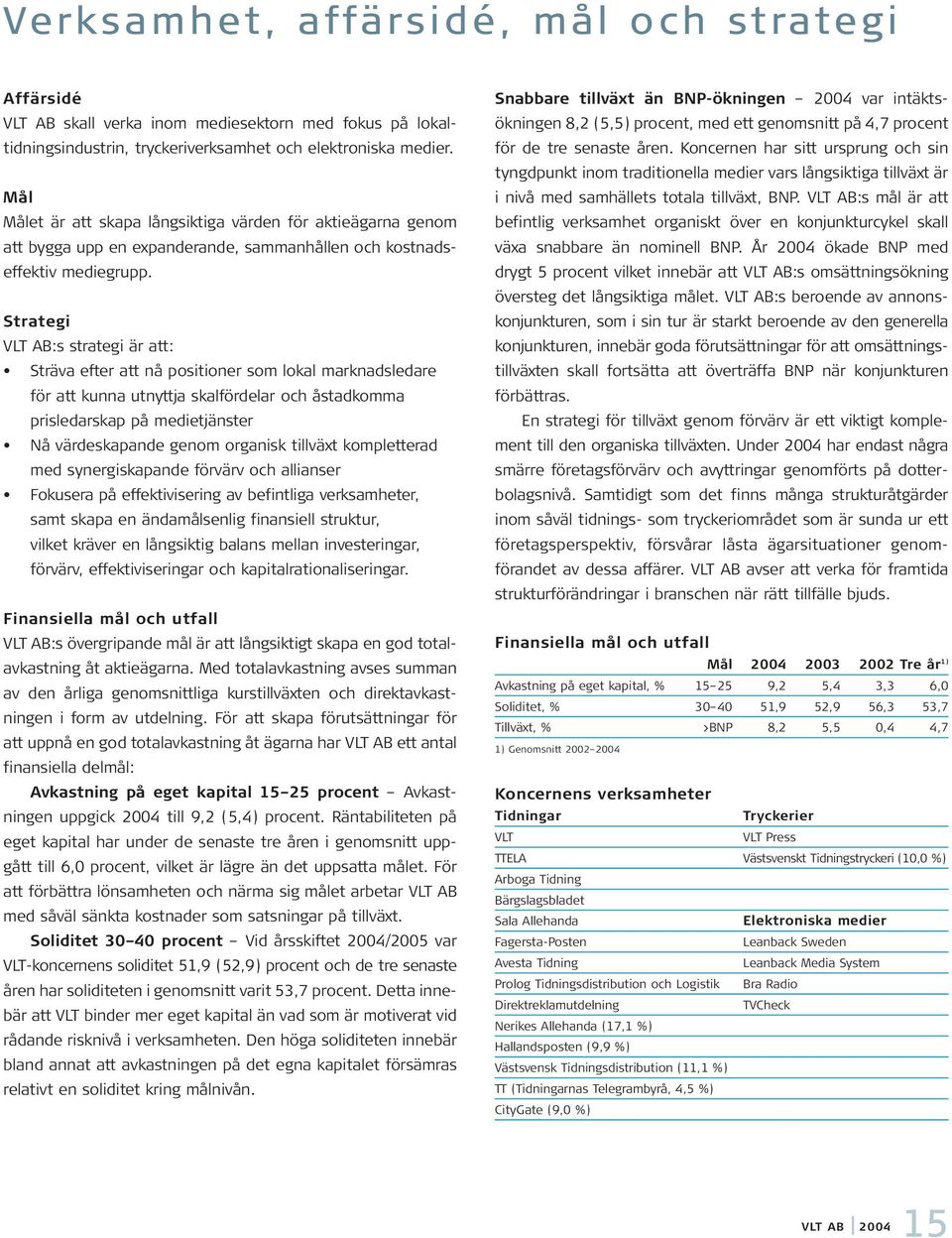 Strategi VLT AB:s strategi är att: Sträva efter att nå positioner som lokal marknadsledare för att kunna utnyttja skalfördelar och åstadkomma prisledarskap på medietjänster Nå värdeskapande genom