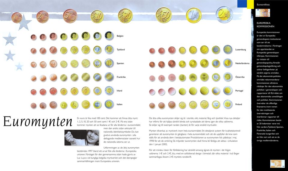 På ena sidan kommer mynten att se likadana ut för alla länderna i euroområdet men den andra sidan anknyter till nationella identitetssymboler.
