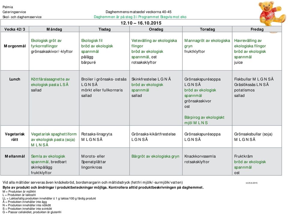 2015 Vecka 42/3 Måndag Tisdag Onsdag Torsdag Fredag fyrkorns /-klyftor Ekologisk fil Vetevälling av ekologiska, Mannagröt av ekologiska Havrevälling av ekologiska