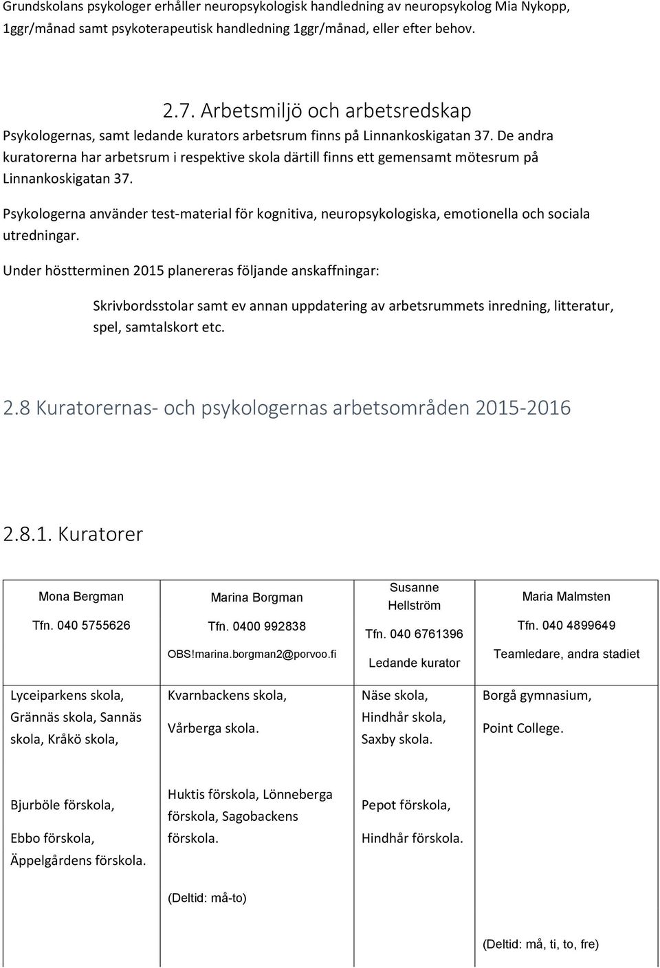 De andra kuratorerna har arbetsrum i respektive skola därtill finns ett gemensamt mötesrum på Linnankoskigatan 37.