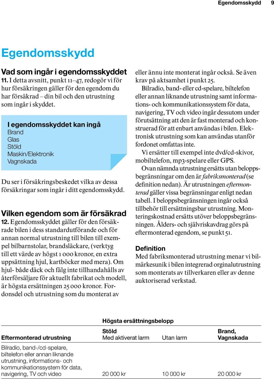 I egendomsskyddet kan ingå Brand Glas Stöld Maskin/Elektronik Vagnskada Du ser i försäkringsbeskedet vilka av dessa försäkringar som ingår i ditt egendomsskydd. Vilken egendom som är försäkrad 12.