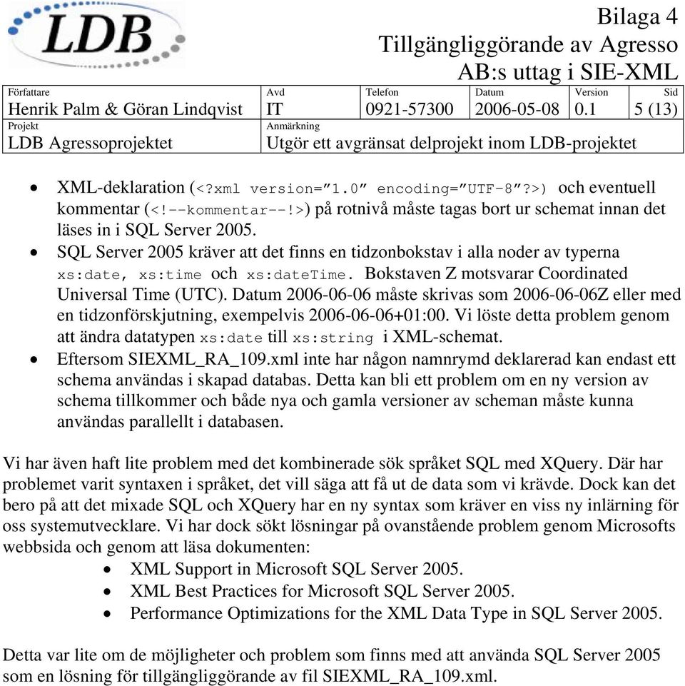 SQL Server 2005 kräver att det finns en tidzonbokstav i alla noder av typerna xs:date, xs:time och xs:datetime. Bokstaven Z motsvarar Coordinated Universal Time (UTC).