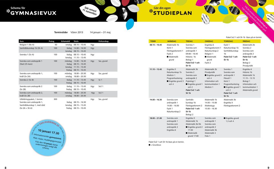 Religion 1 (Re A) 50 Hgy Samhällskunskap 1b (Sh A) 100 tisdag Svenska 1 (Sv A) 100 tisdag (Start 25 mars) 100 måndag tisdag, 100 måndag kväll (Sv 2A) Svenska 2 (Sv B) 100 tisdag (Sv 2B) 100 tisdag,