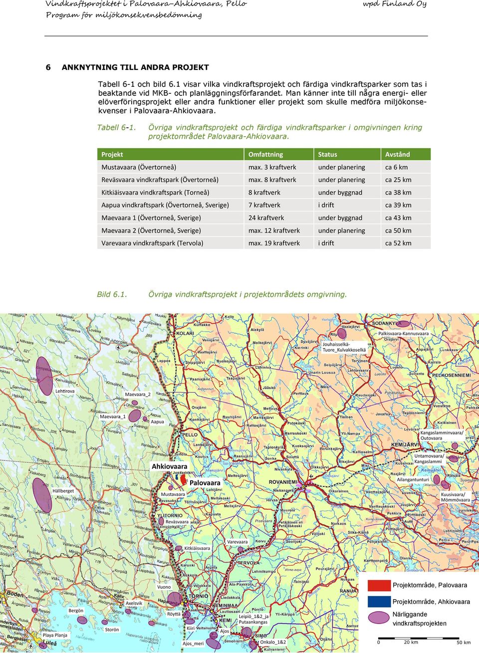 Övriga vindkraftsprojekt och färdiga vindkraftsparker i omgivningen kring projektområdet Palovaara-Ahkiovaara. Projekt Omfattning Status Avstånd Mustavaara (Övertorneå) max.