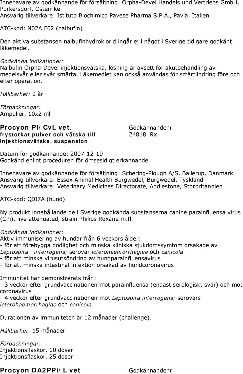 , Pavia, Italien ATC-kod: N02A F02 (nalbufin) Den aktiva substansen nalbufinhydroklorid ingår ej i något i Sverige tidigare godkänt läkemedel.