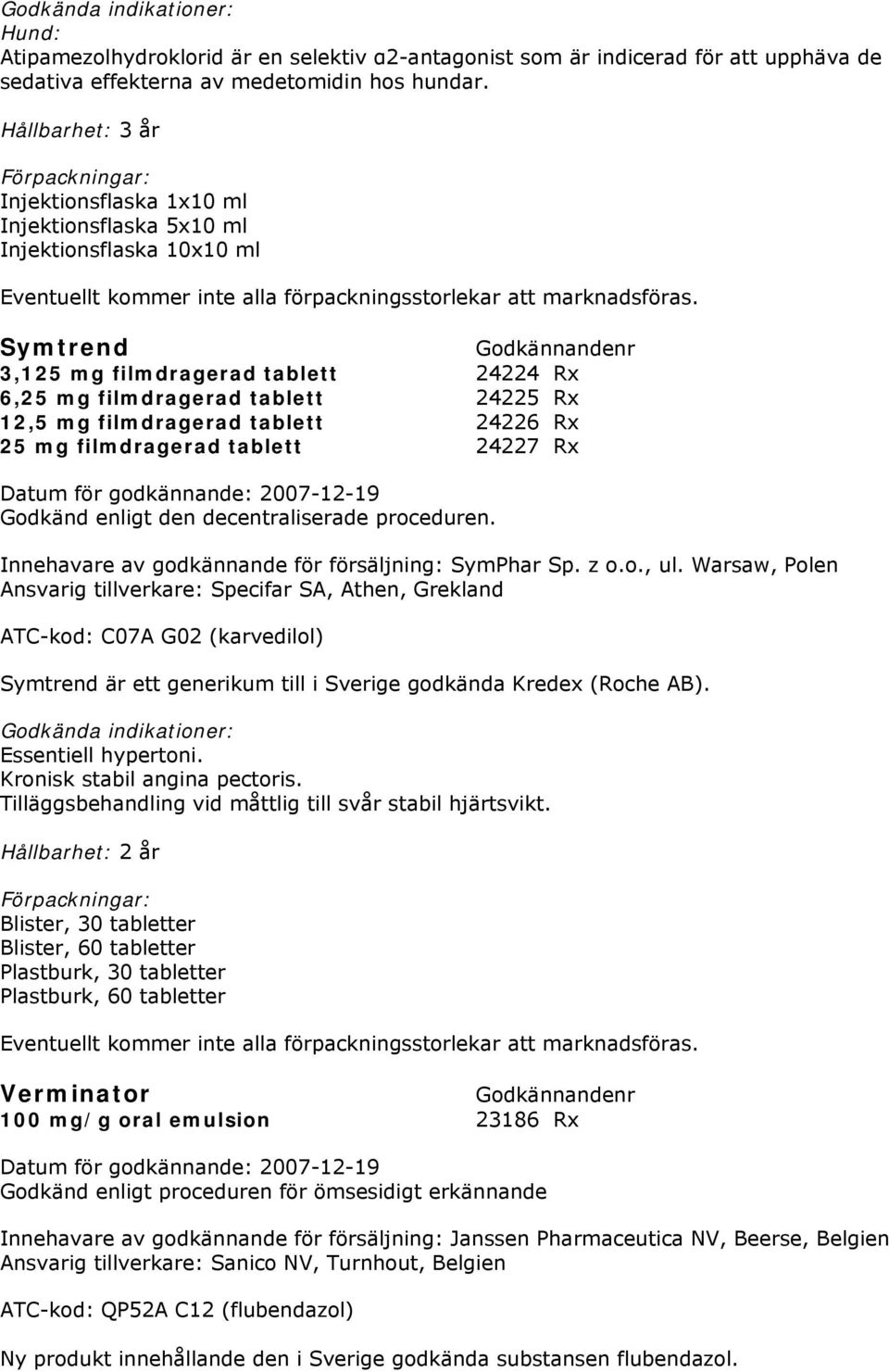 tablett 24226 Rx 25 mg filmdragerad tablett 24227 Rx Godkänd enligt den decentraliserade proceduren. Innehavare av godkännande för försäljning: SymPhar Sp. z o.o., ul.