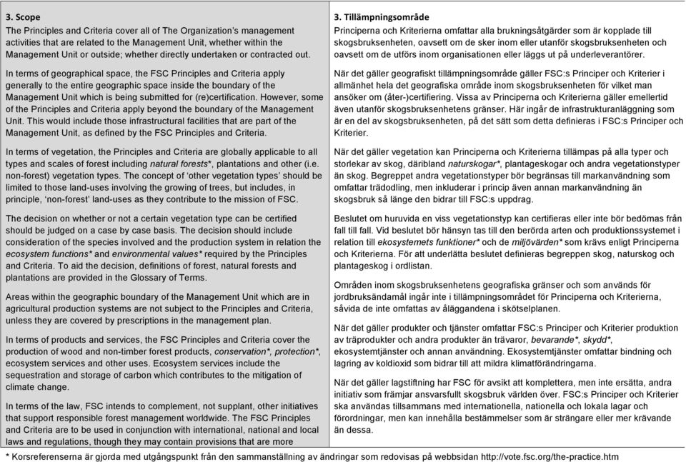 In terms of geographical space, the FSC Principles and Criteria apply generally to the entire geographic space inside the boundary of the Management Unit which is being submitted for