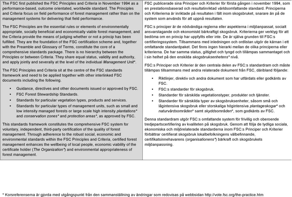 The FSC Principles are the essential rules or elements of environmentally appropriate, socially beneficial and economically viable forest management, and the Criteria provide the means of judging