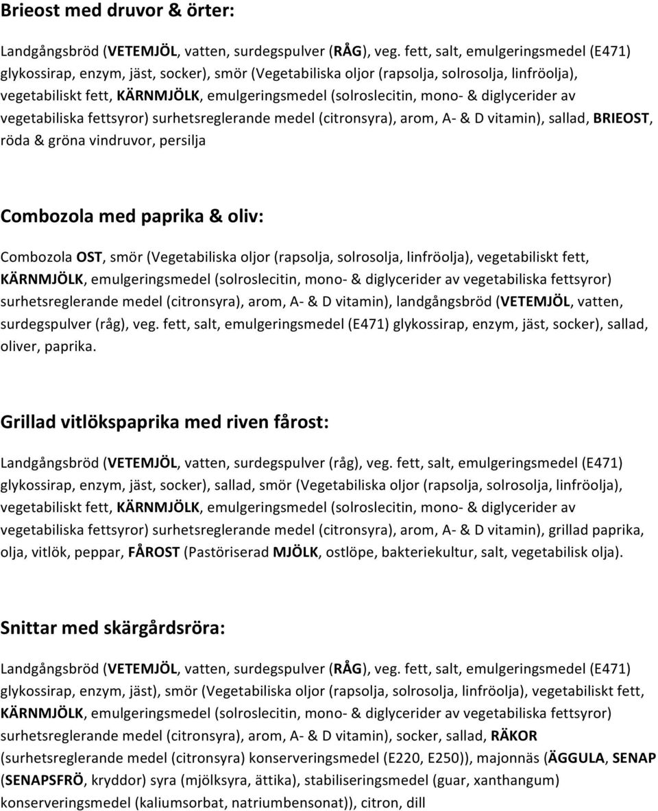 surdegspulver (råg), veg. fett, salt, emulgeringsmedel (E471) glykossirap, enzym, jäst, socker), sallad, oliver, paprika.