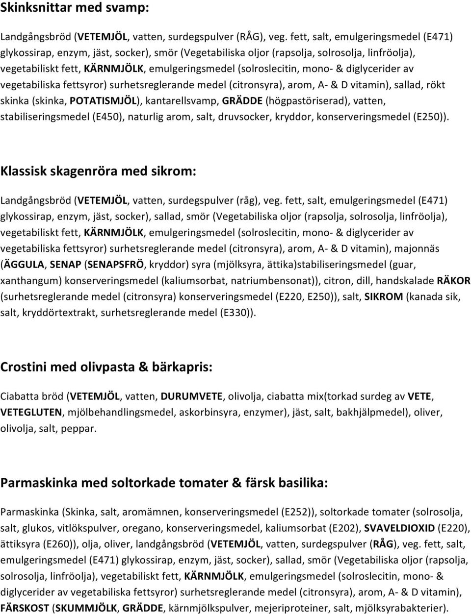 fett, salt, emulgeringsmedel (E471) glykossirap, enzym, jäst, socker), sallad, smör (Vegetabiliska oljor (rapsolja, solrosolja, linfröolja), vegetabiliska fettsyror) surhetsreglerande medel