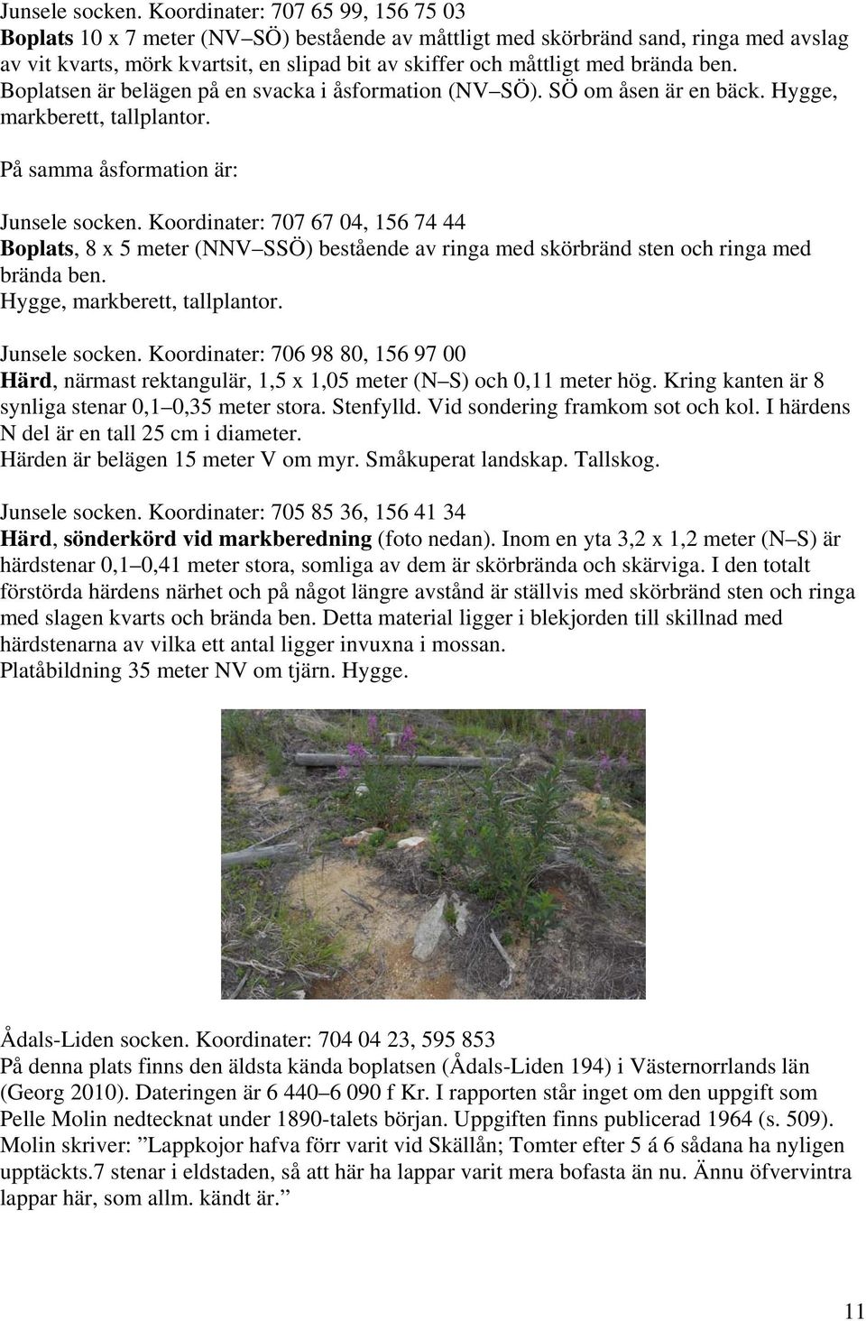 brända ben. Boplatsen är belägen på en svacka i åsformation (NV SÖ). SÖ om åsen är en bäck. Hygge, markberett, tallplantor.