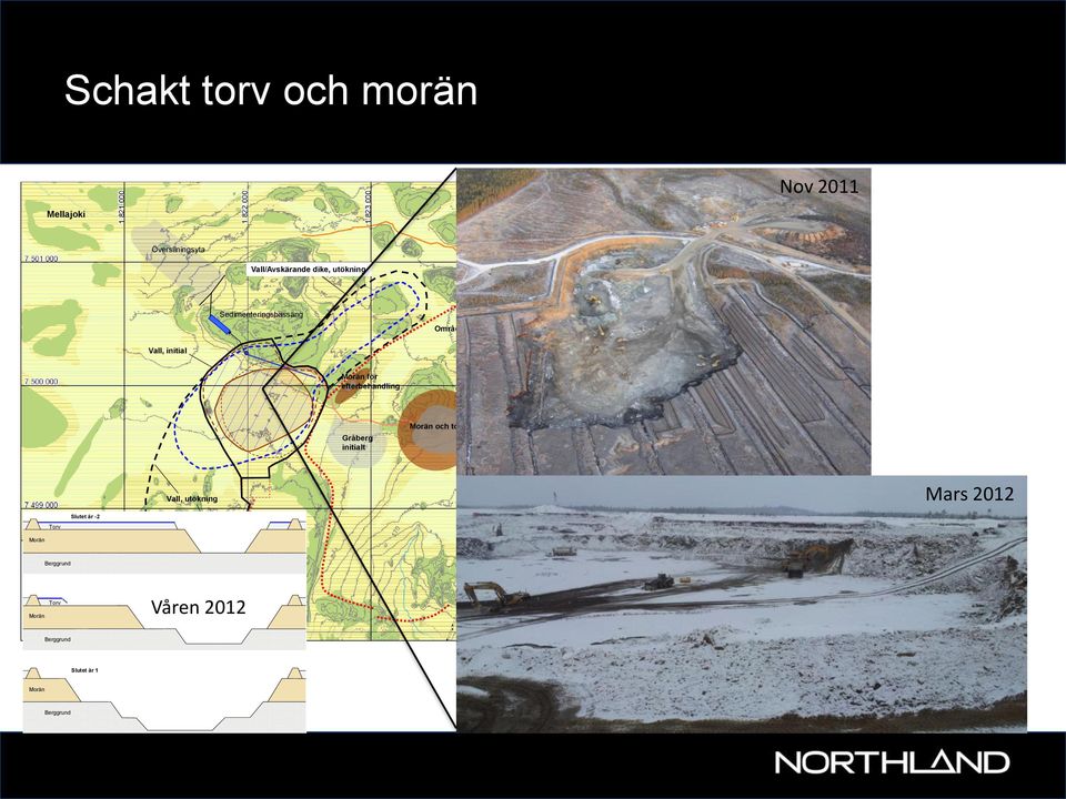 Mars 2012 Slutet år -2 Torv Morän Yttre kant dagbrott Befintlig Berggrund väg Höjdlinjer 1 m Slutet år -1