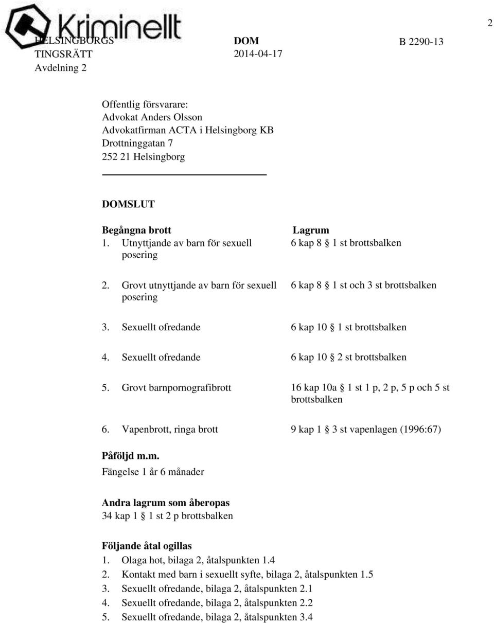 Sexuellt ofredande 6 kap 10 1 st brottsbalken 4. Sexuellt ofredande 6 kap 10 2 st brottsbalken 5. Grovt barnpornografibrott 16 kap 10a 1 st 1 p, 2 p, 5 p och 5 st brottsbalken 6.