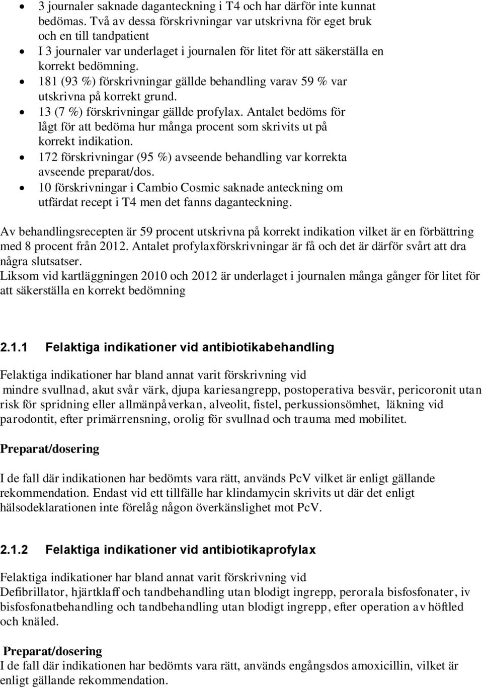 181 (93 %) förskrivningar gällde behandling varav 59 % var utskrivna på korrekt grund. 13 (7 %) förskrivningar gällde profylax.