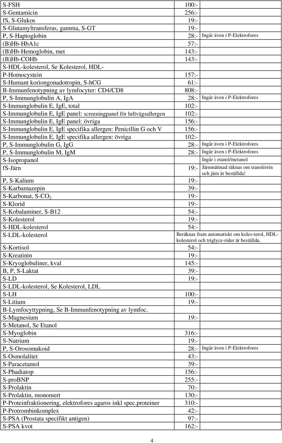 P-Elektrofores S-Immunglobulin E, IgE, total 102:- S-Immunglobulin E, IgE panel: screeningpanel för luftvägsallergen 102:- S-Immunglobulin E, IgE panel: övriga 156:- S-Immunglobulin E, IgE specifika