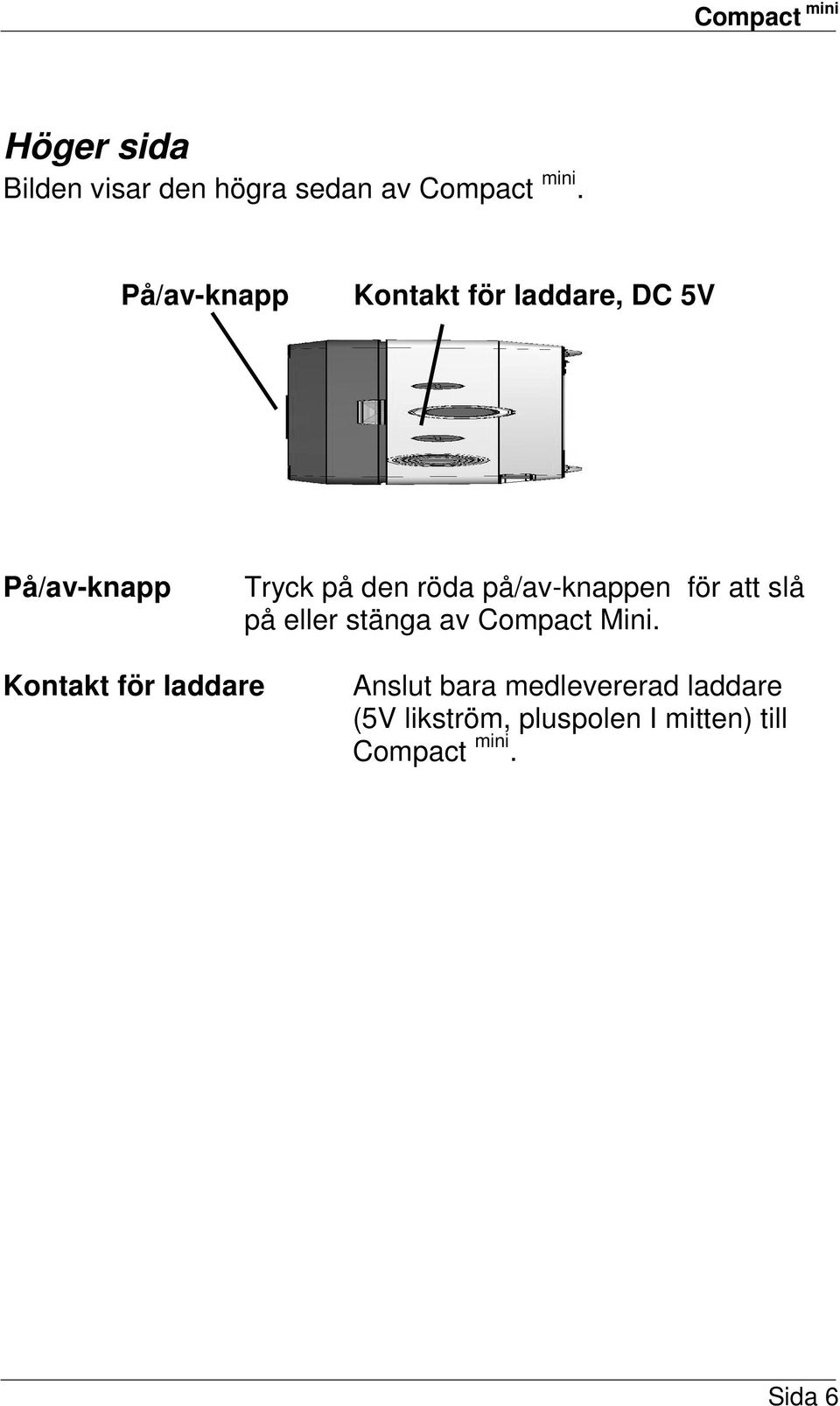 på/av-knappen för att slå på eller stänga av Compact Mini.