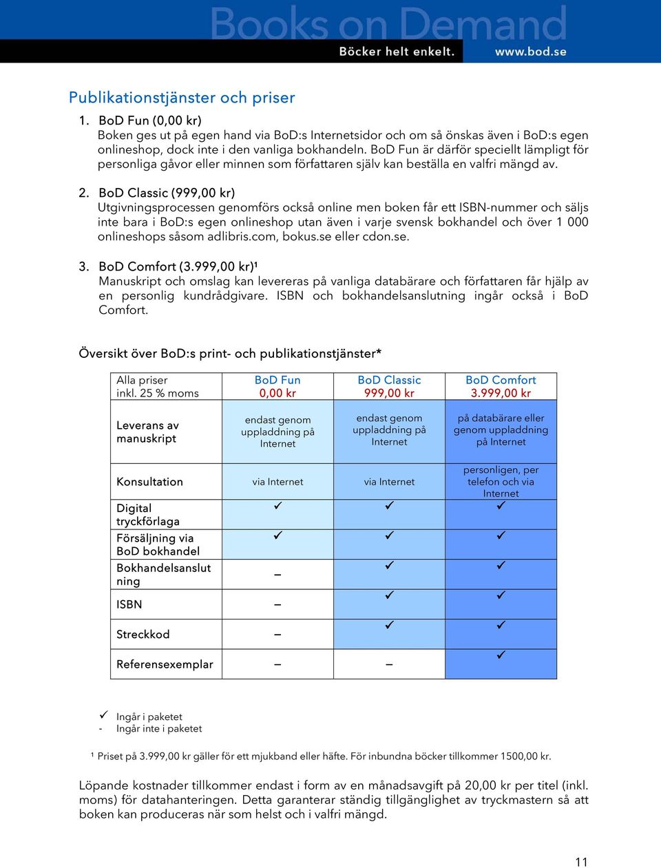 BoD Classic (999,00 kr) Utgivningsprocessen genomförs också online men boken får ett ISBN-nummer och säljs inte bara i BoD:s egen onlineshop utan även i varje svensk bokhandel och över 1 000
