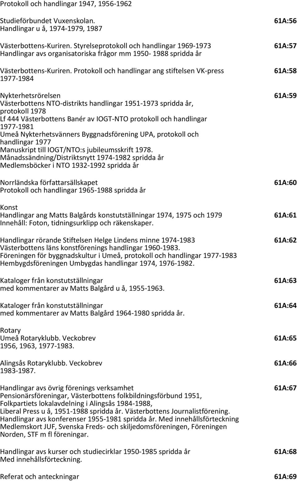 Protokoll och handlingar ang stiftelsen VK-press 61A:58 1977-1984 Nykterhetsrörelsen 61A:59 Västerbottens NTO-distrikts handlingar 1951-1973 spridda år, protokoll 1978 Lf 444 Västerbottens Banér av