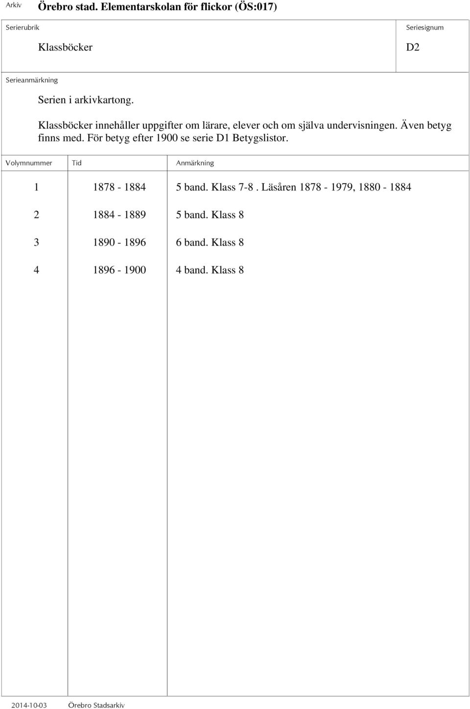 För betyg efter 1900 se serie D1 Betygslistor. 1 1878-1884 5 band. Klass 7-8.