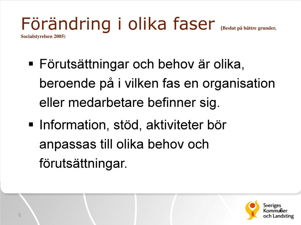 på i vilken fas en organisation eller medarbetare befinner sig.