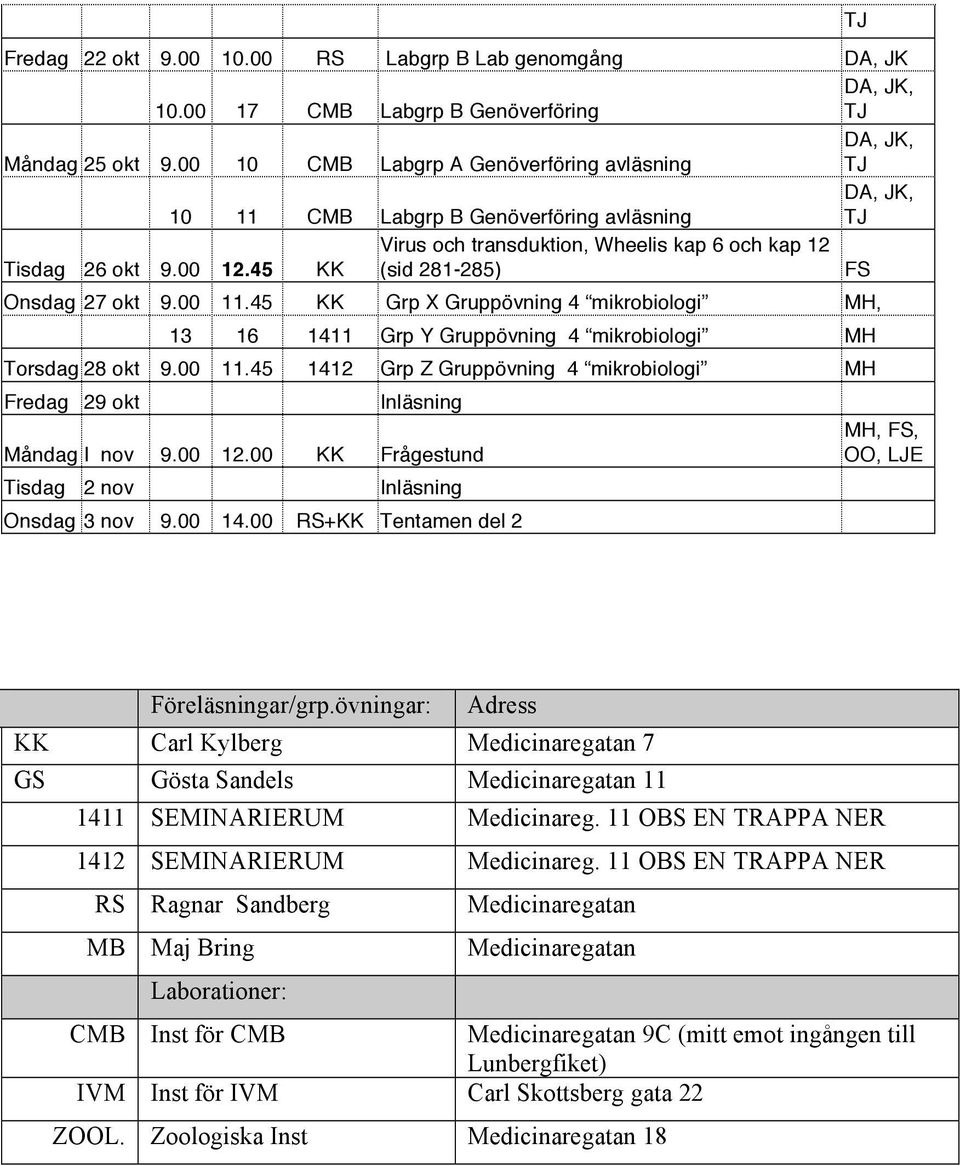 00 11.45 KK Grp X Gruppövning 4 mikrobiologi MH, 13 16 1411 Grp Y Gruppövning 4 mikrobiologi MH Torsdag 28 okt 9.00 11.45 1412 Grp Z Gruppövning 4 mikrobiologi MH Fredag 29 okt Inläsning Måndag I nov 9.