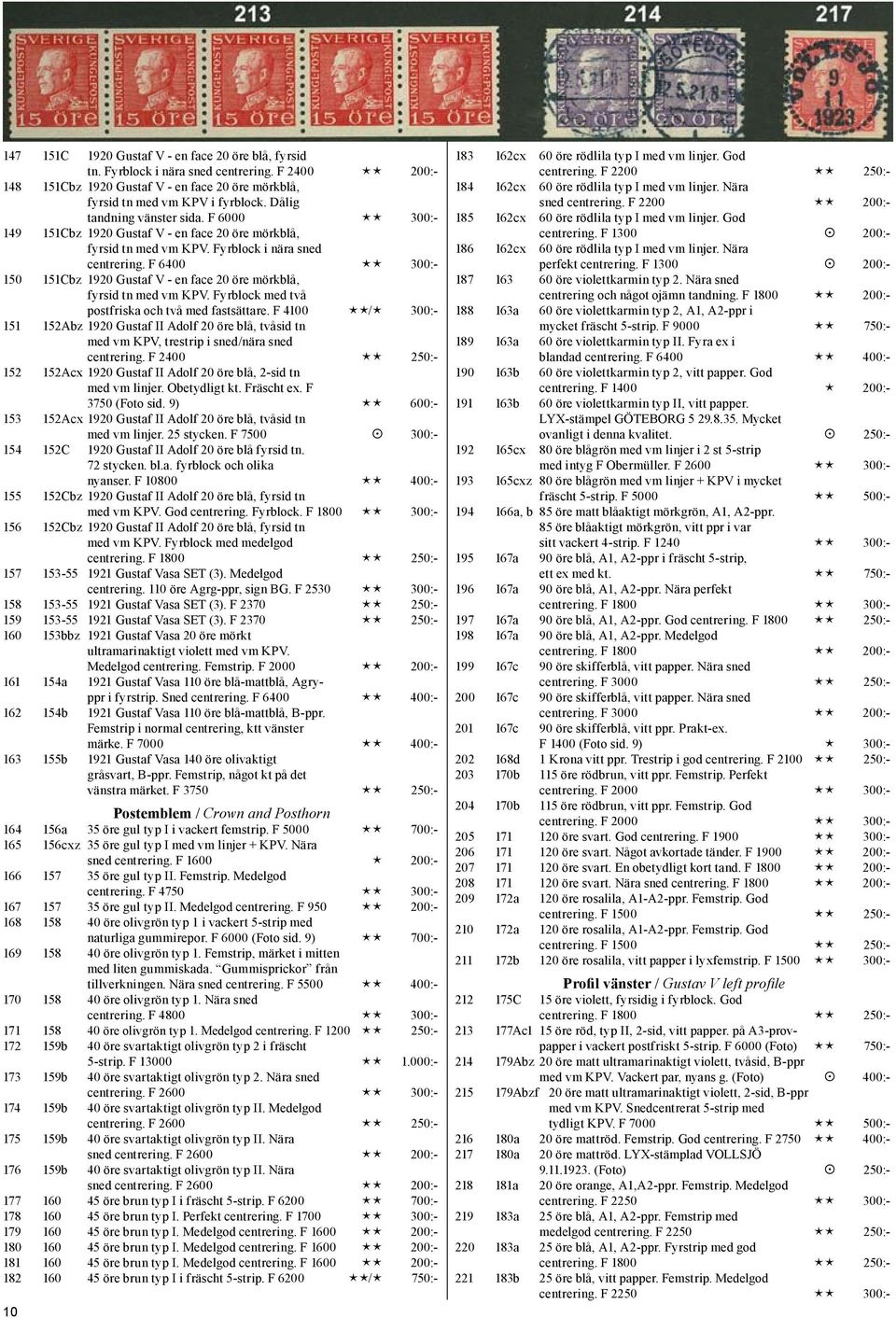 F 6400 éé 300:- 150 151Cbz 1920 Gustaf V - en face 20 öre mörkblå, fyrsid tn med vm KPV. Fyrblock med två postfriska och två med fastsättare.