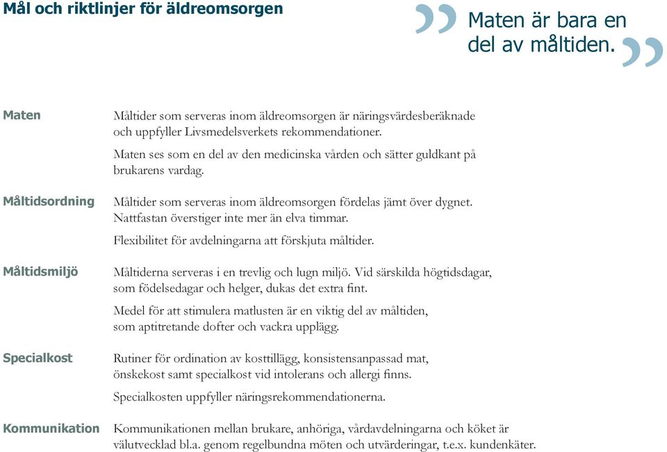 Maten ses som en del av den medicinska vården och sätter guldkant på brukarens vardag. Måltider som serveras inom äldreomsorgen fördelas jämt över dygnet.