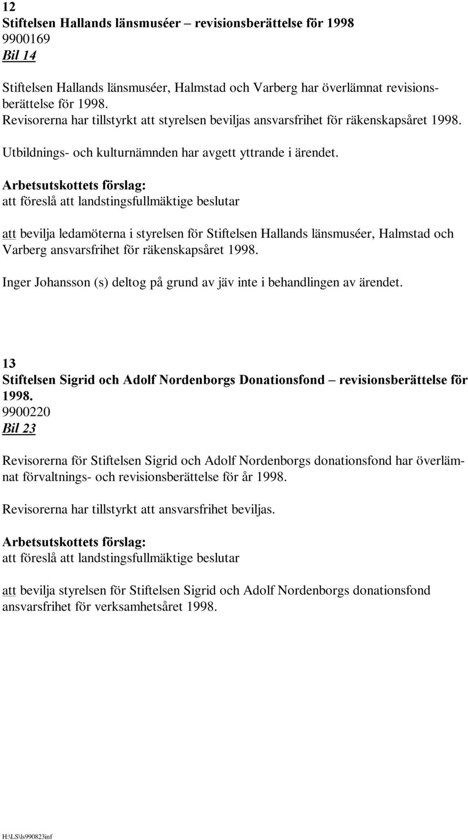 att bevilja ledamöterna i styrelsen för Stiftelsen Hallands länsmuséer, Halmstad och Varberg ansvarsfrihet för räkenskapsåret 1998.