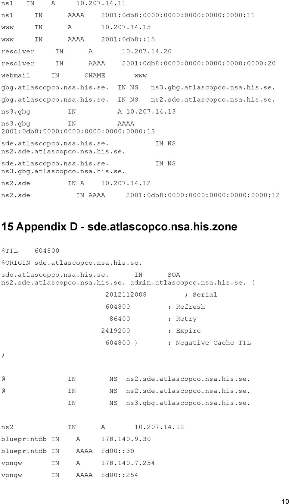 207.14.12 ns3.gbg.atlascopco.nsa.his.se. ns2.sde.atlascopco.nsa.his.se. IN NS IN NS ns2.sde IN AAAA 2001:0db8:0000:0000:0000:0000:0000:12 15 Appendix D - sde.atlascopco.nsa.his.zone $TTL 604800 $ORIGIN sde.