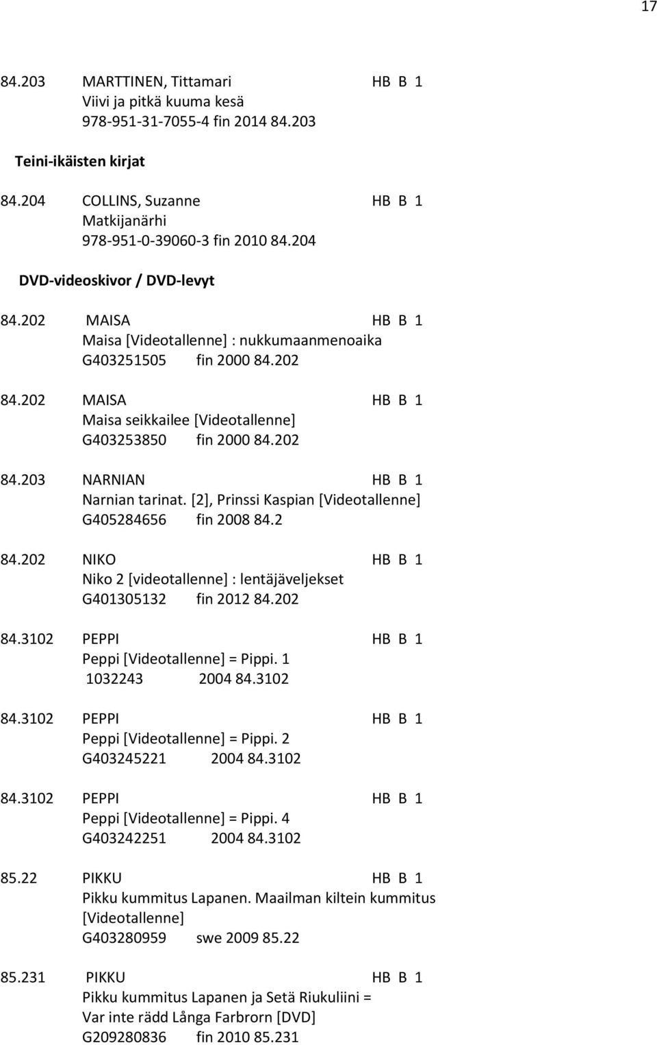 202 84.203 NARNIAN HB B 1 Narnian tarinat. [2], Prinssi Kaspian [Videotallenne] G405284656 fin 2008 84.2 84.202 NIKO HB B 1 Niko 2 [videotallenne] : lentäjäveljekset G401305132 fin 2012 84.202 84.3102 PEPPI HB B 1 Peppi [Videotallenne] = Pippi.