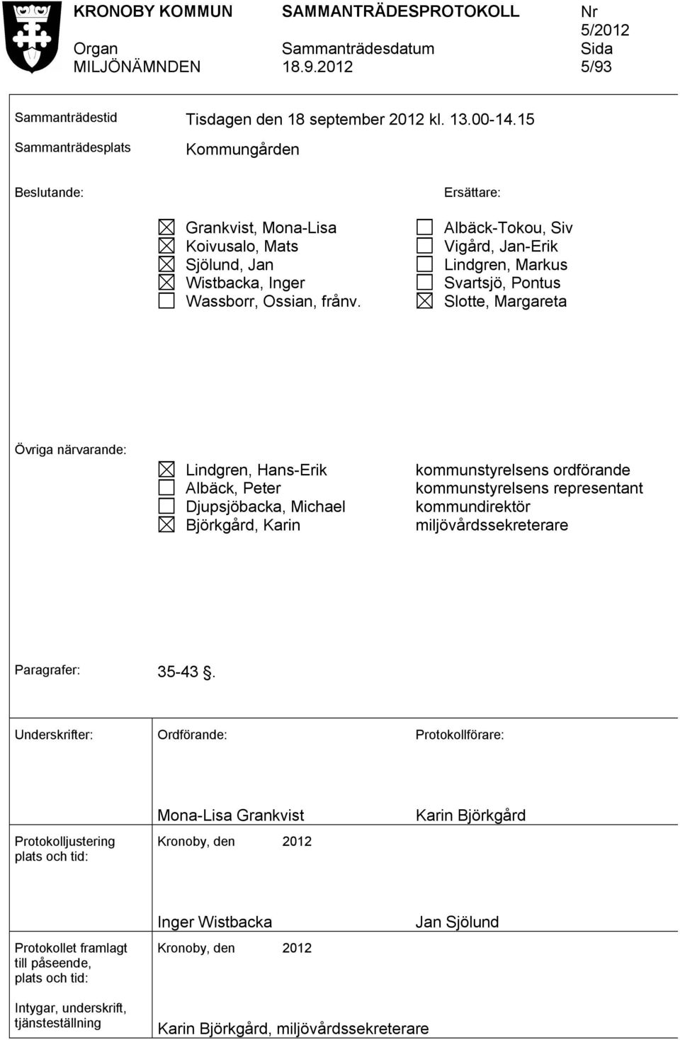 Albäck-Tokou, Sv Vgård, Jan-Erk Lndgren, Markus Svartsjö, Pontus Slotte, Margareta Övrga närvarande: Lndgren, Hans-Erk Albäck, Peter Djupsjöbacka, Mchael Björkgård, Karn kommunstyrelsens ordförande