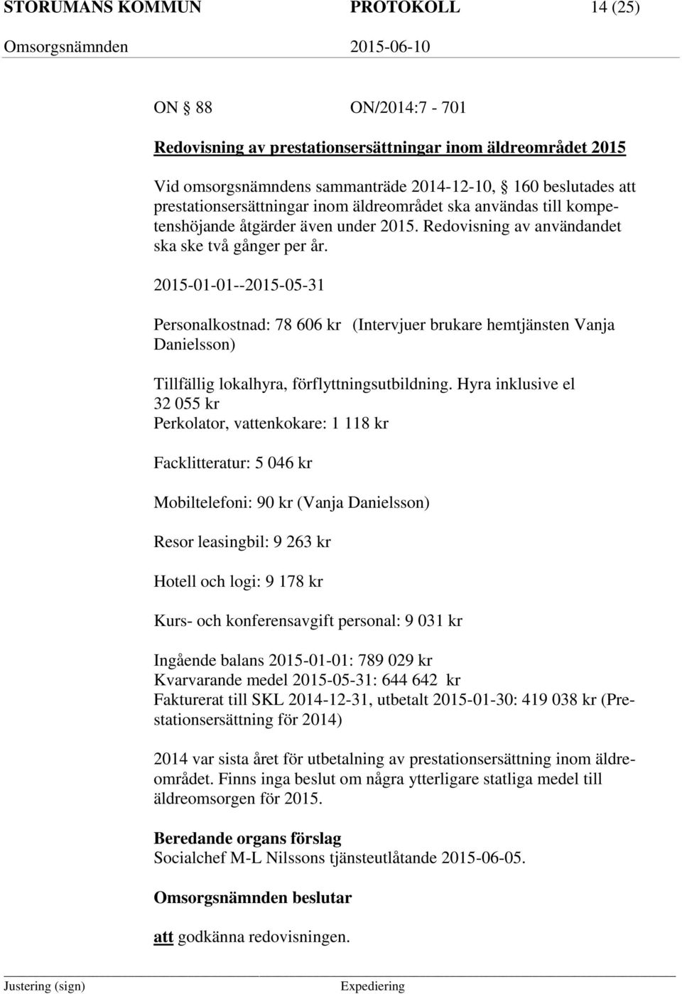 2015-01-01--2015-05-31 Personalkostnad: 78 606 kr (Intervjuer brukare hemtjänsten Vanja Danielsson) Tillfällig lokalhyra, förflyttningsutbildning.