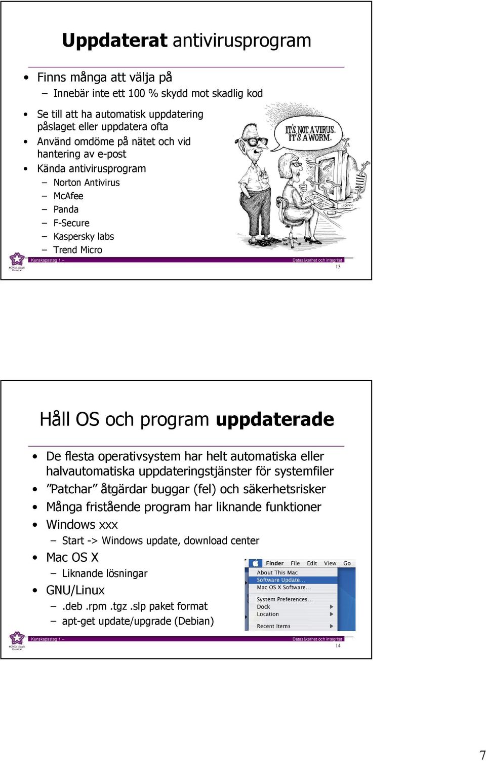 flesta operativsystem har helt automatiska eller halvautomatiska uppdateringstjänster för systemfiler Patchar åtgärdar buggar (fel) och säkerhetsrisker Många fristående