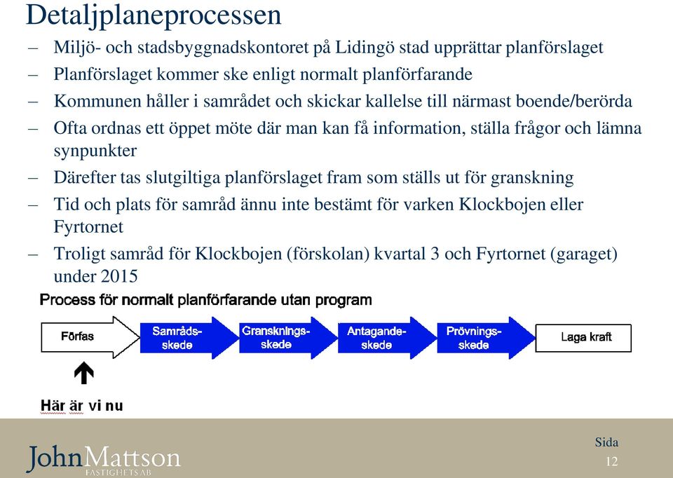 information, ställa frågor och lämna synpunkter Därefter tas slutgiltiga planförslaget fram som ställs ut för granskning Tid och plats för